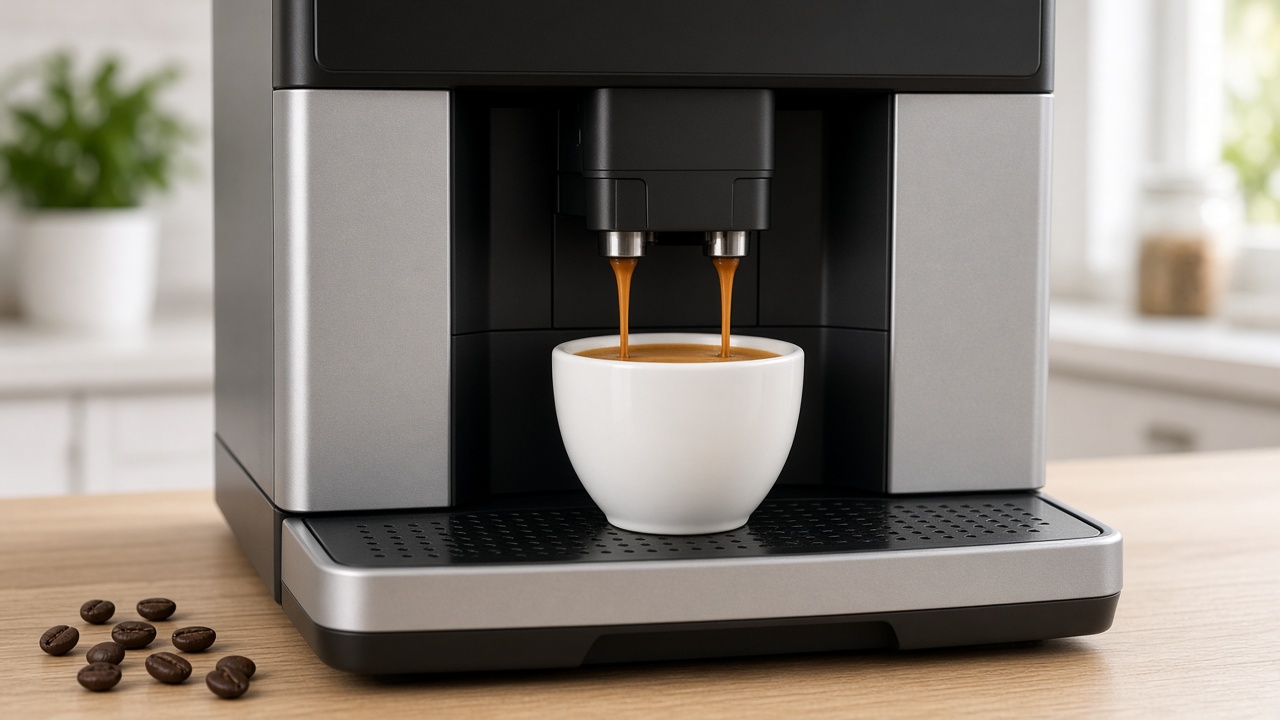 Symbolbild: Kaffeevollautomat bereitet einen Espresso in einer weißen Tasse zu