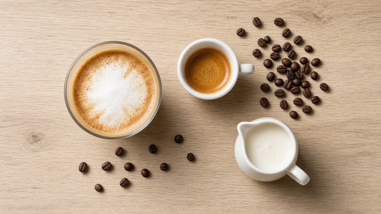 Symbolbild: Latte macchiato, Espresso, Milchkännchen und Kaffeebohnen auf einem Holztisch von oben