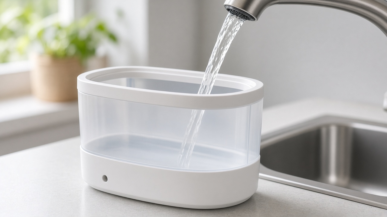 Wassertank eines Luftbefeuchters wird unter dem Wasserhahn befüllt