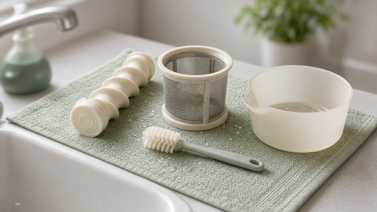 Pressschnecke, Feinsieb, Reinigungsbürste und Saftbehälter eines Slow Juicers trocknen auf einem Geschirrtuch neben der Spüle (Symbolbild, KI-generiert)
