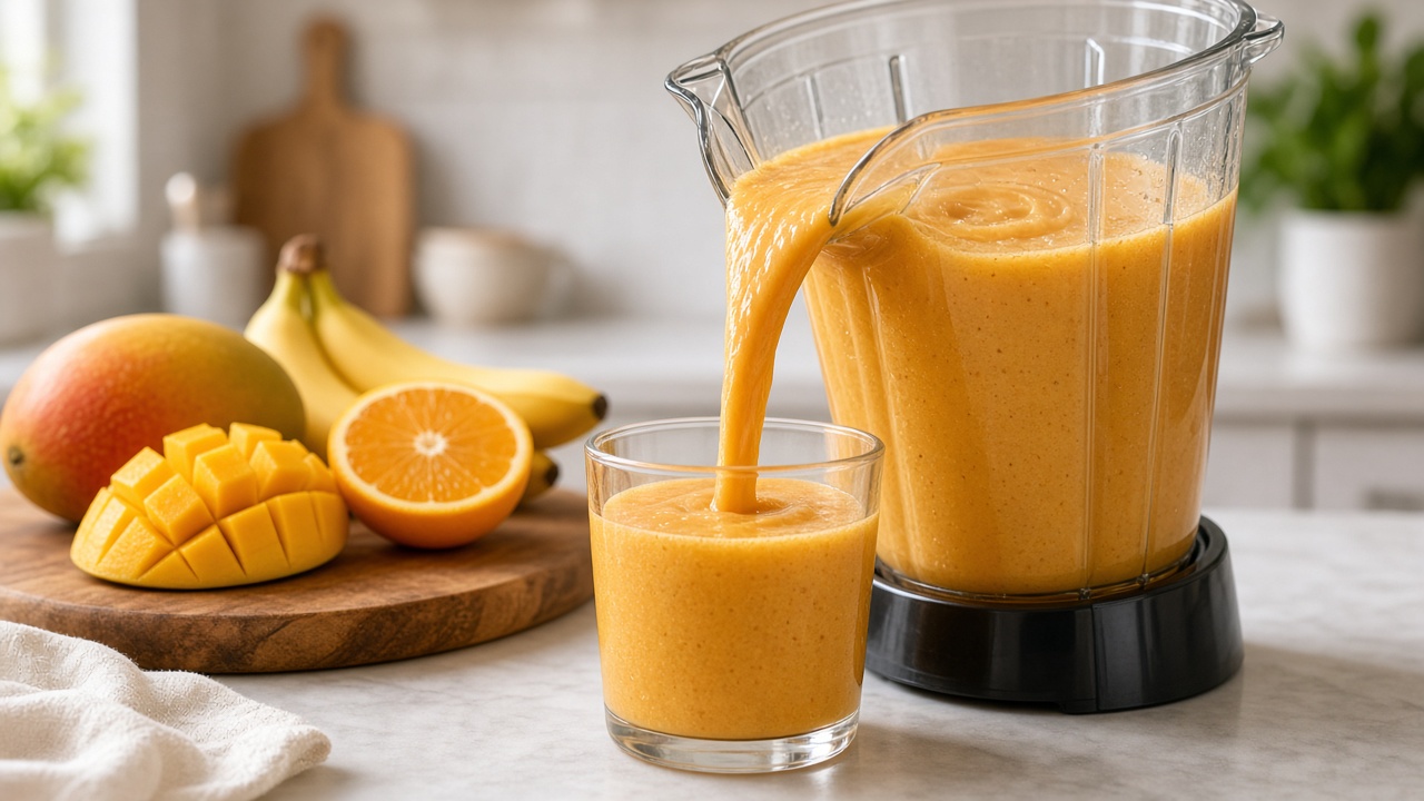 Mixbecher gießt einen orangefarbenen Smoothie in ein Glas, daneben Mango, Orange und Bananen