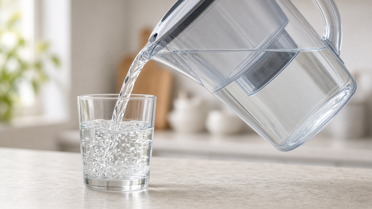 Wasser wird aus einer Filterkanne in ein Glas gegossen